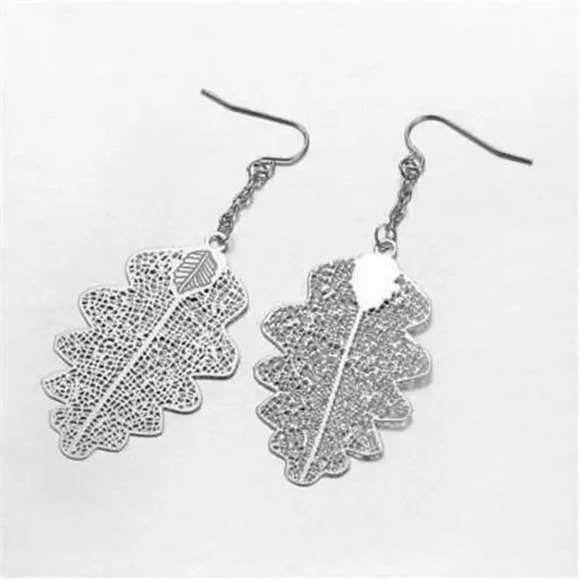 Surgical Stainless Steel Laser Cut Filigree Leaf Dangle Earrings - Picture 1 of 1